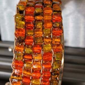 Orange Brown Amber Color Bead Bracelet Wide Multi Row Woven Cord Boho Band